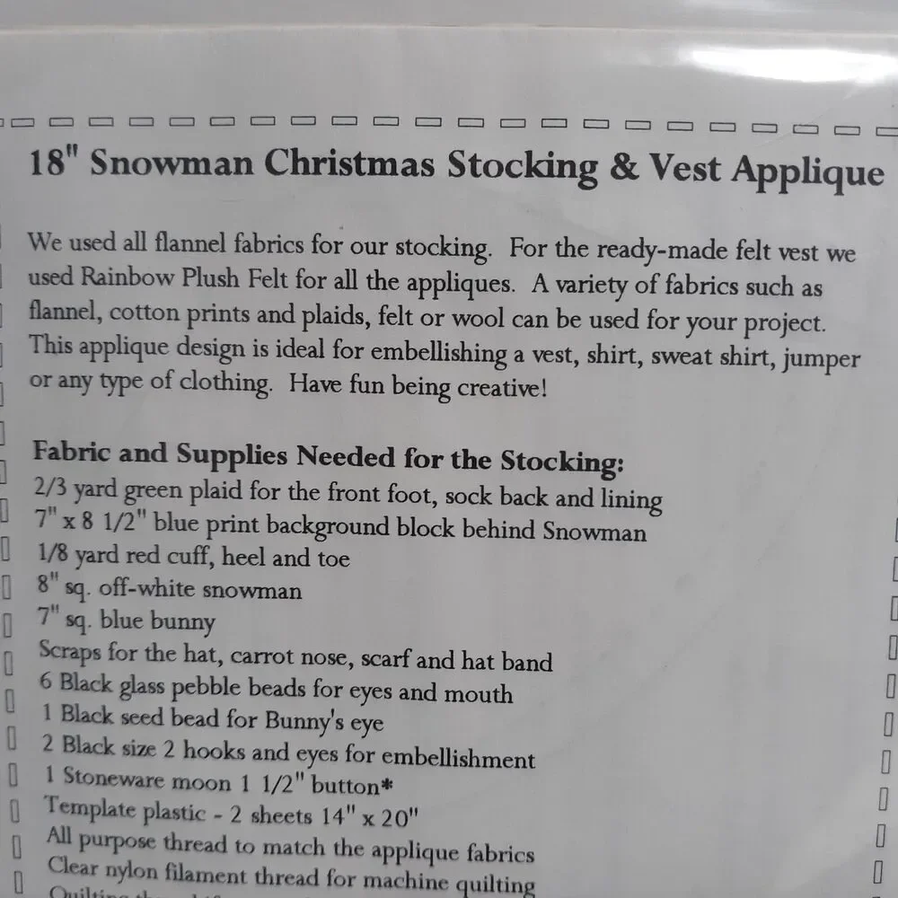 New Snowman Christmas Vest Stocking Sewing Applique Pattern Snow Buddies #210